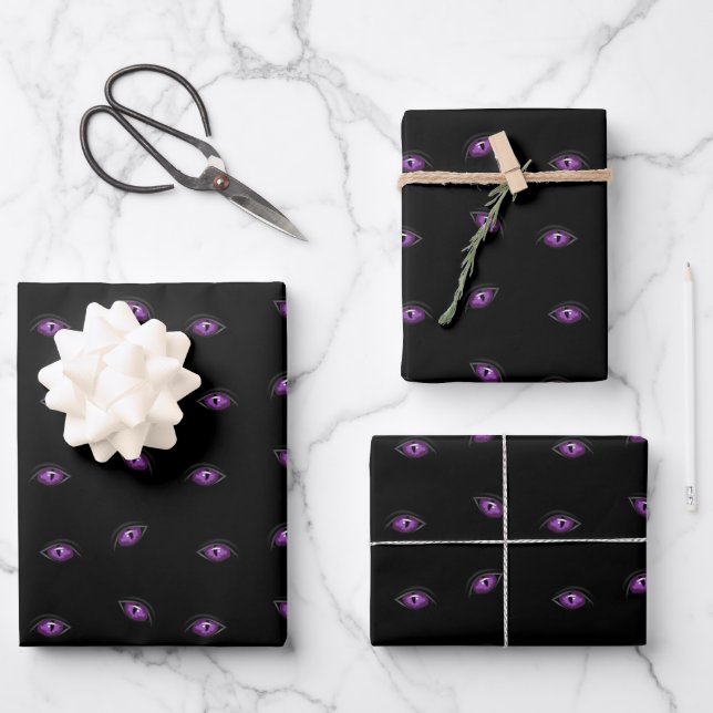 Halloween, Lila Augen, Trick oder Trete, Boo Geschenkpapier Set (Vorderseite)