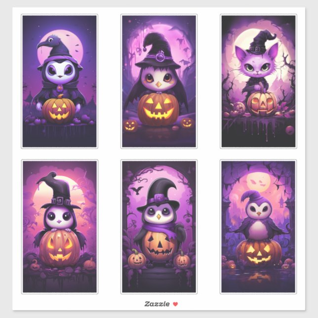 Halloween Lila Emo Penguin mit Freunden 2 Aufkleber (Blatt)