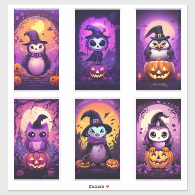 Halloween Lila Emo Penguin mit Freunden Aufkleber (Blatt)