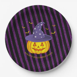 Halloween Lila Glitzern und Black Stripes Pumpkin Pappteller