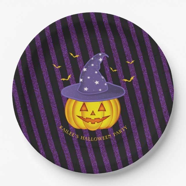 Halloween Lila Glitzern und Black Stripes Pumpkin Pappteller (Vorderseite)