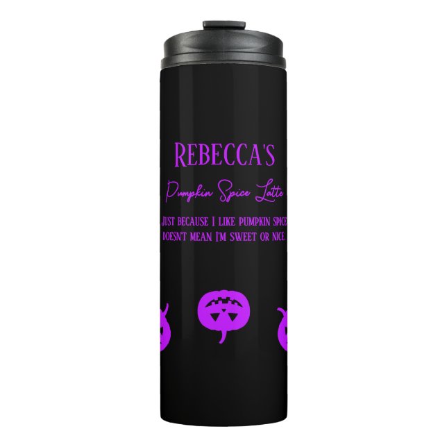 Halloween Lila Kürbisgewürz Süß oder Nizza Thermosbecher (Vorderseite)