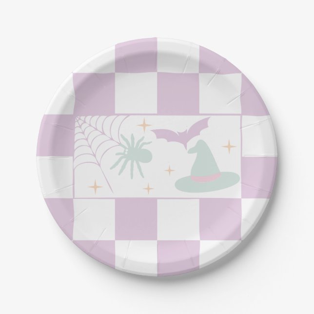Halloween Lila Spooky Season Checkerboard Pappteller (Vorderseite)