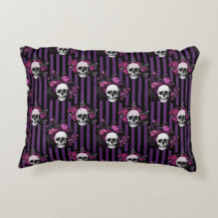 Halloween Lila und Schwarze Florale Gestreifte Tot Dekokissen