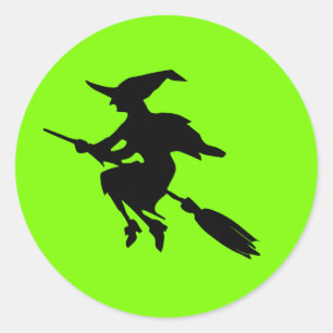 Halloween, Lime Green und Black Flying Hexe Runder Aufkleber