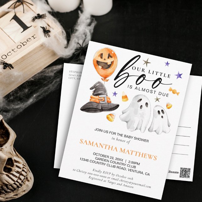 Halloween Little Boo Watercolor Babydusche Postkarte (Little boo is almost due themed baby shower invitation with adorable Halloween watercolor ghosts.)