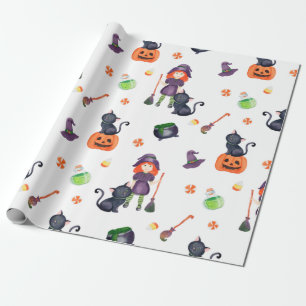 Halloween Little Hexe, Black Cat und Pumpkin Niedl Geschenkpapier