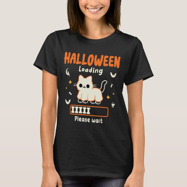 Halloween Loading Bitte warte lustig schwarze Katz T-Shirt (Vorderseite)