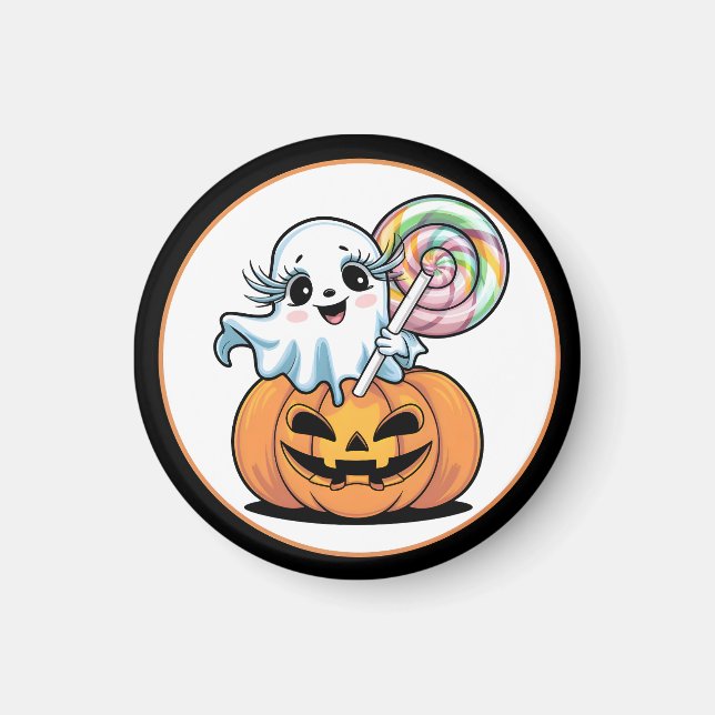 Halloween Lollipop Ghost On Pumpkin Magnet (Vorne)