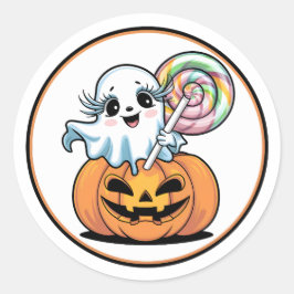 Halloween Lollipop Ghost On Pumpkin Runder Aufkleber