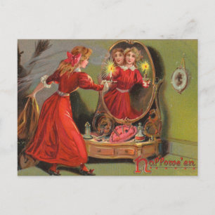 Hallowe'en Mädchen Spiegelreflexion Vintage Postkarte