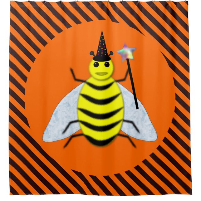 Halloween Magic Bee Hexe Orange und Schwarze Strei Duschvorhang (Vorderseite)