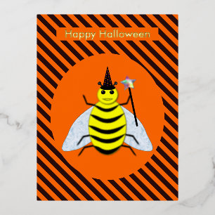 Halloween Magic Bee Hexe Orange und Schwarze Strei Folien Feiertagspostkarte