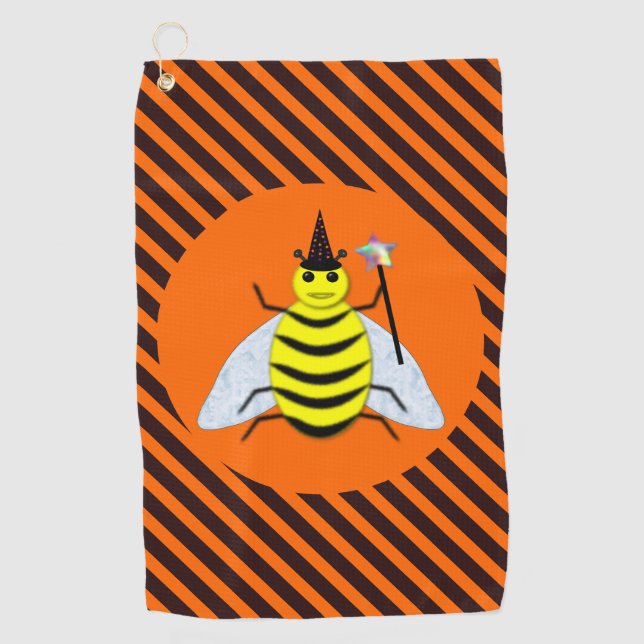 Halloween Magic Bee Hexe Orange und Schwarze Strei Golfhandtuch (Vorderseite)
