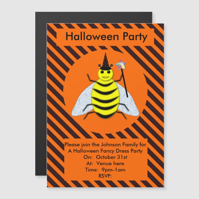 Halloween Magic Bee Hexe Orange und Schwarze Strei Magneteinladung (Vorne/Hinten)