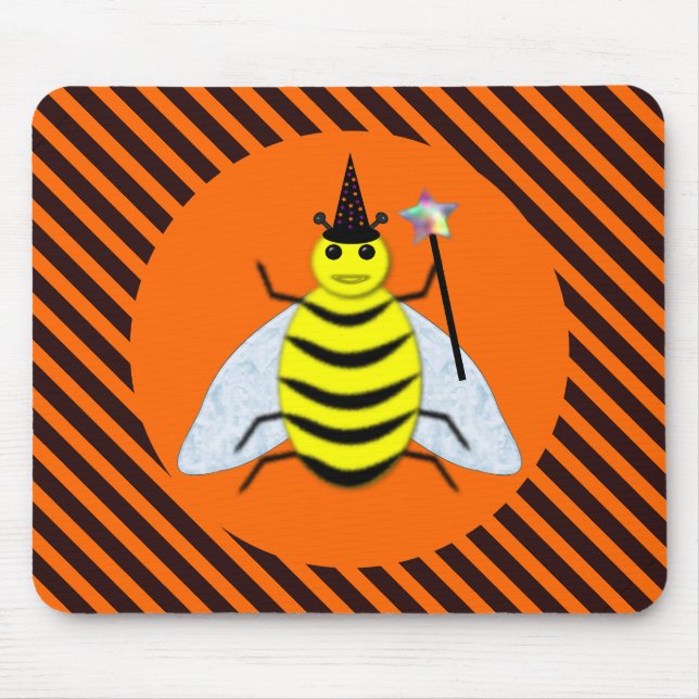 Halloween Magic Bee Hexe Orange und Schwarze Strei Mousepad (Vorne)