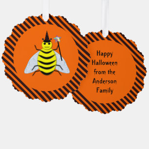 Halloween Magic Bee Hexe Orange und Schwarze Strei Ornament Karte