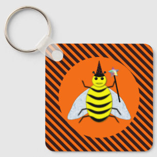 Halloween Magic Bee Hexe Orange und Schwarze Strei Schlüsselanhänger