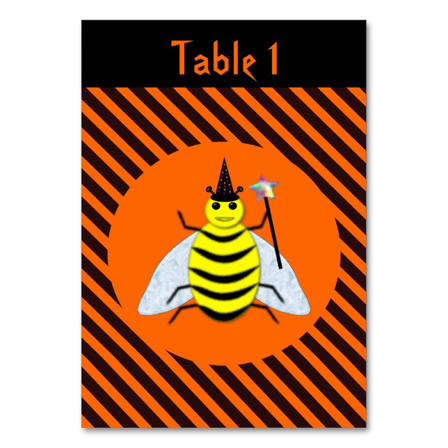 Halloween Magic Bee Hexe Orange und Schwarze Strei Tischnummer (Vorderseite)