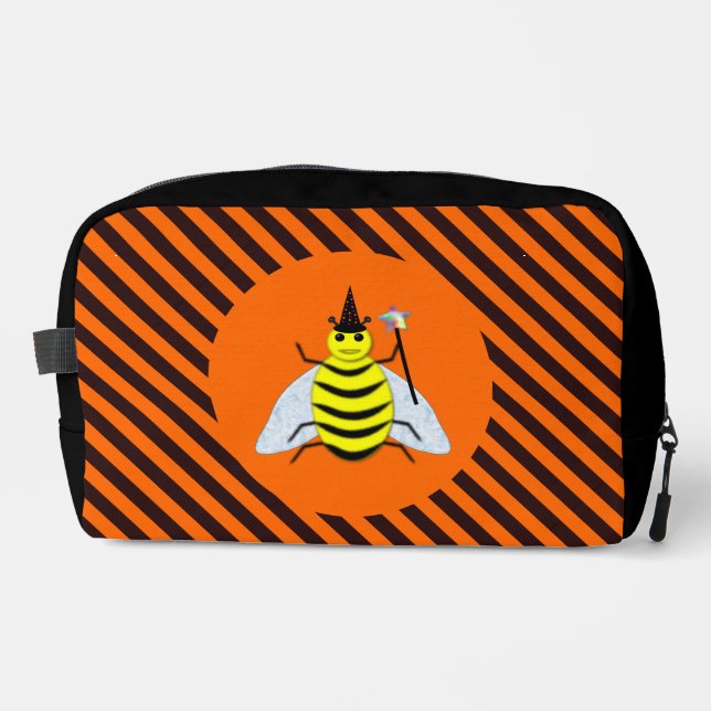 Halloween Magic Bee Hexe Orange und Schwarze Strei Waschbeutel (Vorderseite)