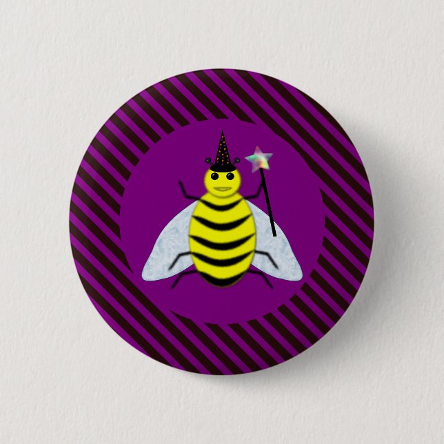 Halloween Magic Bee Wizard Lila und schwarz Streif Button (Vorderseite)