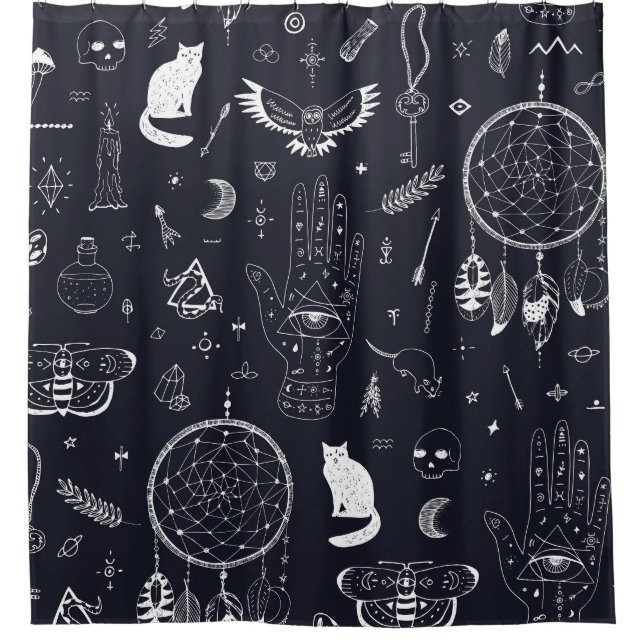 Halloween Magic: Vintages Doodle-Muster. Duschvorhang (Vorderseite)