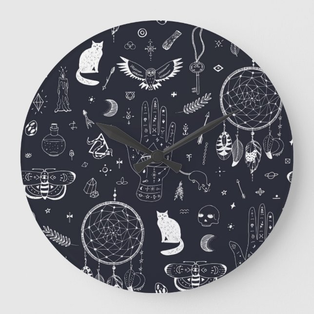 Halloween Magic: Vintages Doodle-Muster. Große Wanduhr (Vorderseite)