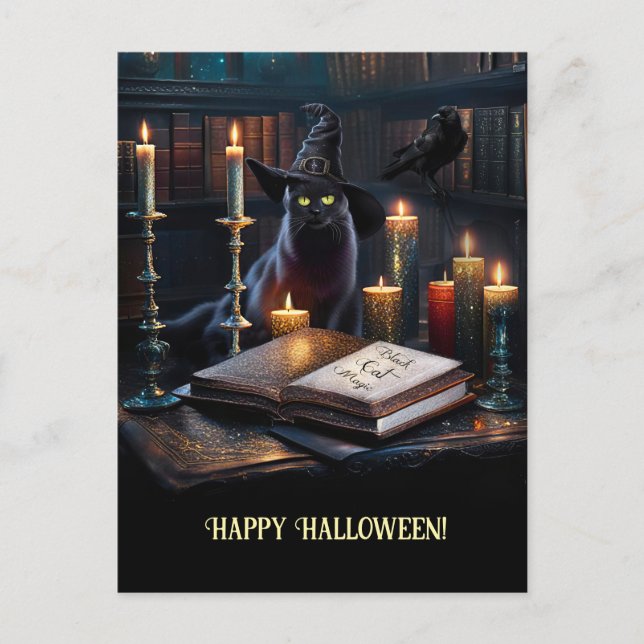 Halloween Magical Cat Books Raven Feiertagspostkarte (Vorderseite)