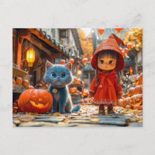 Halloween Magie mit Pumpkins und Katze Feiertagspostkarte