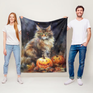 Halloween Maine Coon Katze mit Kürbissen Gruselig Fleecedecke