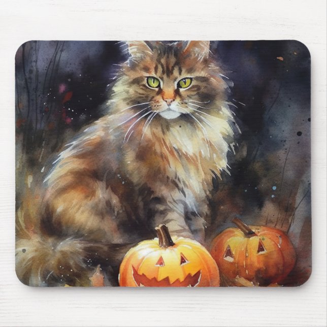 Halloween Maine Coon Katze mit Kürbissen Gruselig Mousepad (Vorne)