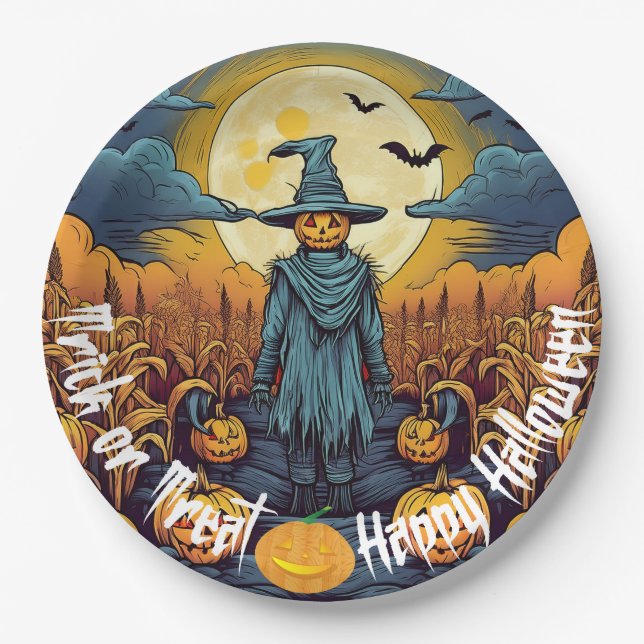 Halloween-Maisfeld & Vogelscheuche Pappteller (Vorderseite)