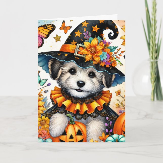 Halloween Malteser Welpenechenkarte Karte (Vorderseite)