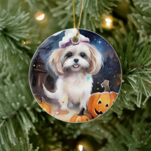 Halloween Malti Tzu mit Kürbissen Gruselig  Keramik Ornament