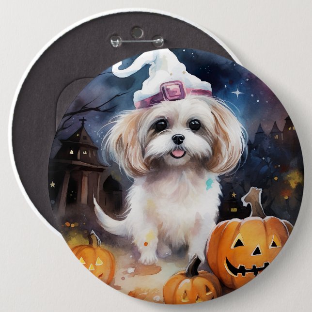 Halloween Malti Tzu mit Pumpkins Beängstigend Button (Vorne & Hinten)