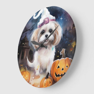 Halloween Malti Tzu mit Pumpkins Beängstigend Große Wanduhr