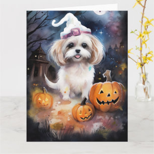 Halloween Malti Tzu mit Pumpkins Beängstigend Karte