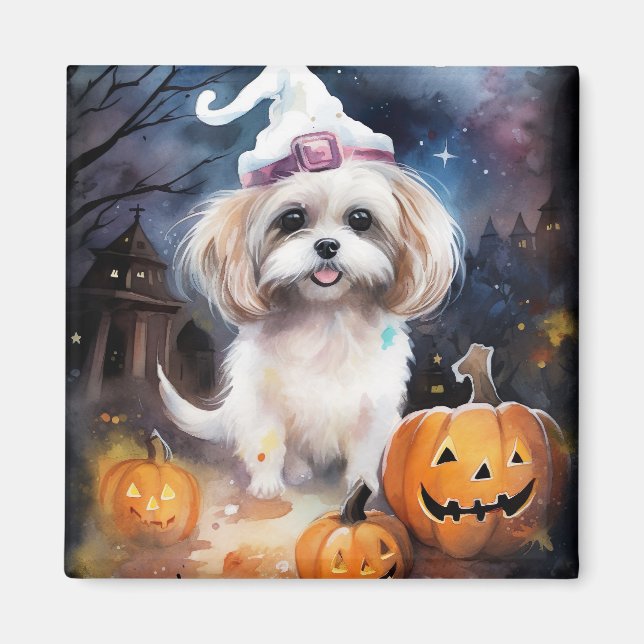 Halloween Malti Tzu mit Pumpkins Beängstigend Magnet (Vorne)