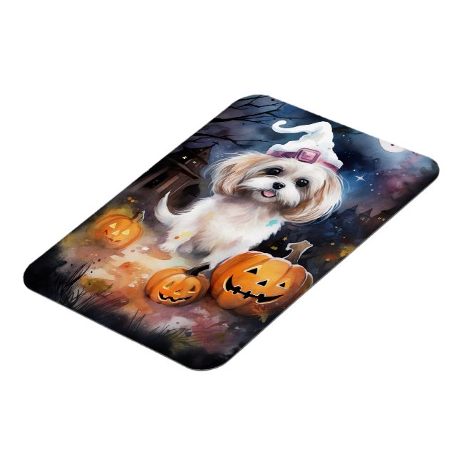 Halloween Malti Tzu mit Pumpkins Beängstigend Magnet (Linke Seite)