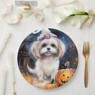 Halloween Malti Tzu mit Pumpkins Beängstigend Pappteller