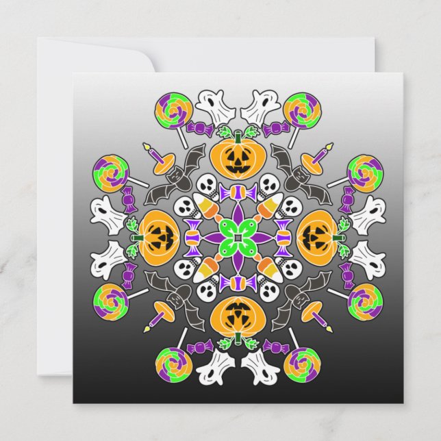 Halloween Mandala Geister, Pumpkins, Fledermäuse u Einladung (Vorderseite)