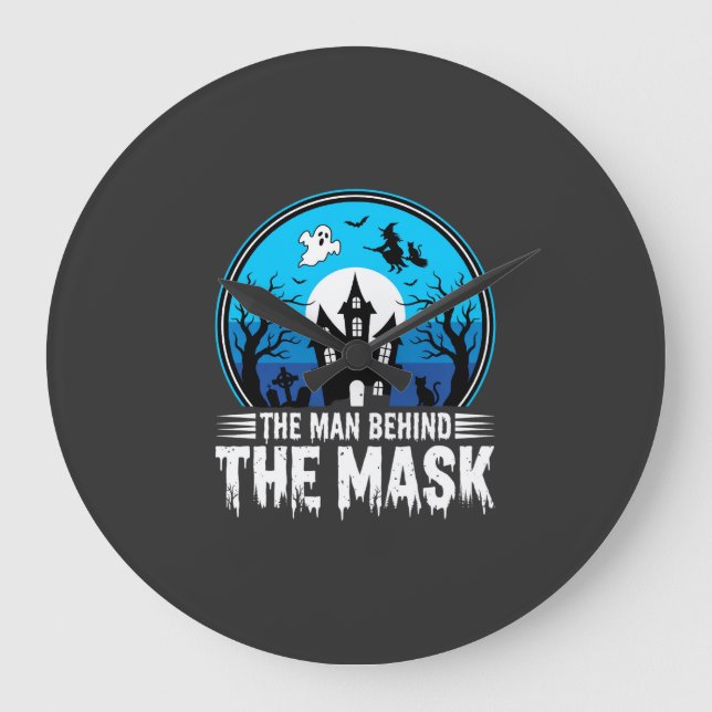 Halloween-Mann hinter der Maske Spukhaus Große Wanduhr (Vorderseite)