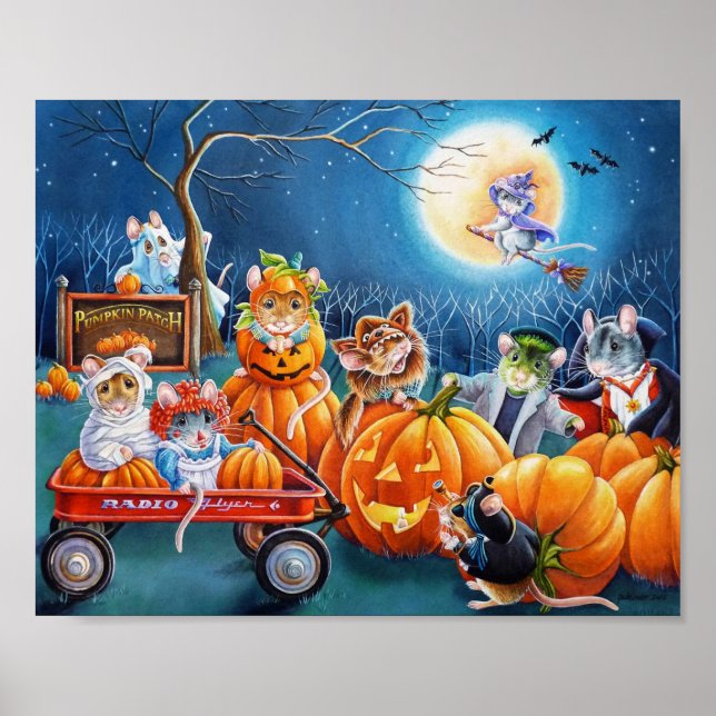 Halloween Mäuse in Pumpkin Patch Wasserfarbe 8x10 Poster (Vorne)