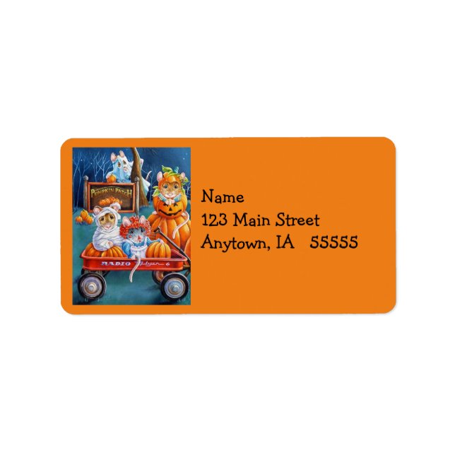 Halloween Mäuse in Pumpkin Patch Wasserfarbe Kunst Adressaufkleber (Vorne)