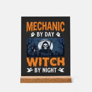 Halloween Mechaniker bei Tag, Hexe bei Nacht Acrylschild