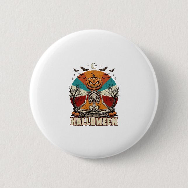 Halloween meditierender Kürbisskelett Retro-Sonne  Button (Vorderseite)