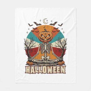 Halloween meditierender Kürbisskelett Retro-Sonne Fleecedecke