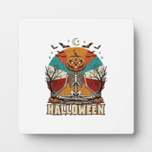 Halloween meditierender Kürbisskelett Retro-Sonne Fotoplatte