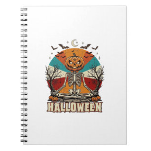 Halloween meditierender Kürbisskelett Retro-Sonne Notizblock