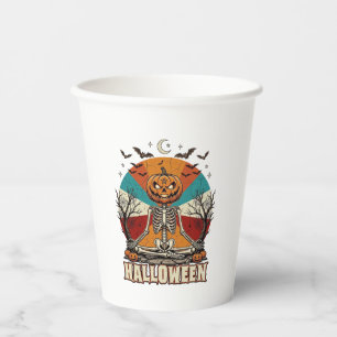 Halloween meditierender Kürbisskelett Retro-Sonne  Pappbecher